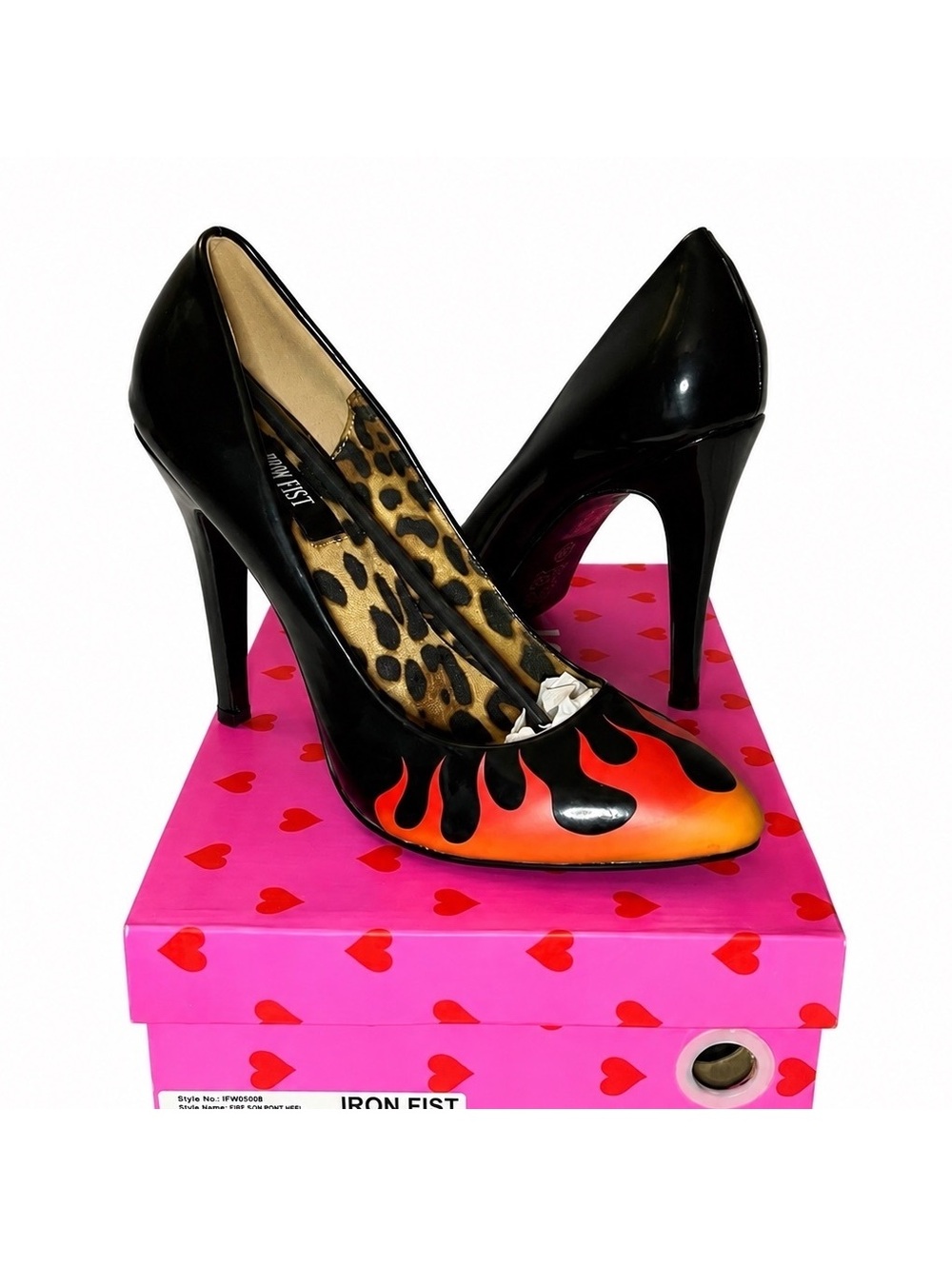 Iron Fist Fire Sign Patent Leather Stiletto Heels with Flame Design Size 8